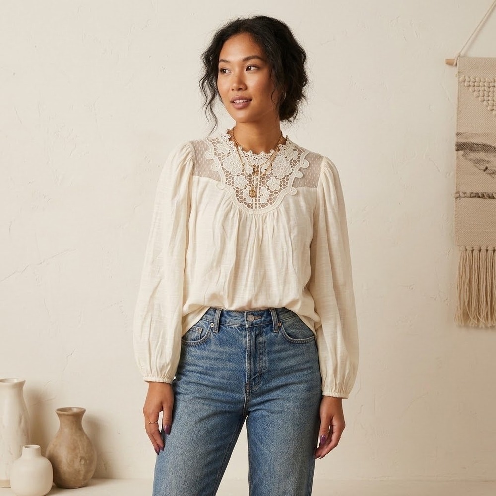 E&M Crochet Lace Boho Blouse Cream Sheer Mesh Balloon Sleeve Top Large Women